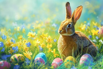 easter bunny with colorful easter eggs, the most important symbols of Easter