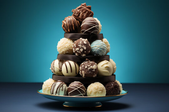 A decadent chocolate truffle tower on a vibrant blue background, tempting you to indulge in sweetness.