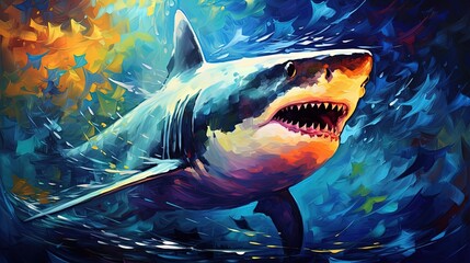 oil painting style illustration, big fury shark under blue sea water ,wildlife, idea for wall art decor and background wallpaper, Generative Ai