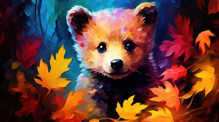 oil painting style illustration, baby bear cub in autumn forest ,cute and adorable wildlife, idea for wall art decor and background wallpaper, Generative Ai