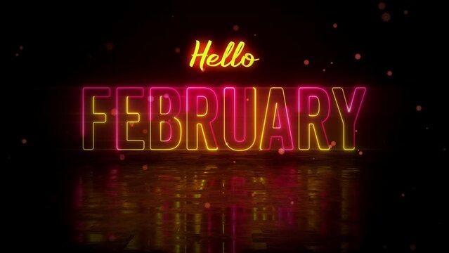 Romantic Red Yellow Glowing Neon Hello February Text Reveal With Floor Reflection Amid The Falling Flowers On Dark Background, With Isolated Text Effect Motion, 5-15 Seconds Seamless Loop