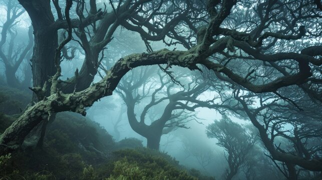 A tree covered in moss and fog on a hillside, AI