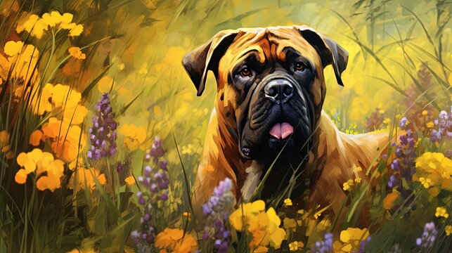 oil painting style illustration, Bullmastiff dog in spring flower , elegance wildlife, idea for wall art decor and background wallpaper, Generative Ai