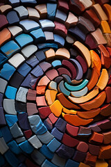 An artistic view of a mosaic pattern being created with different colored brick tiles on a roof.