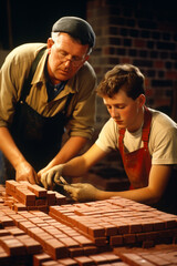 An image of a craftsman teaching apprentices how to make traditional brick tiles.