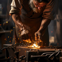 Fototapeta na wymiar A close-up of a blacksmith forging molten metal.