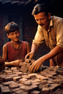 An image of a craftsman teaching apprentices how to make traditional brick tiles.