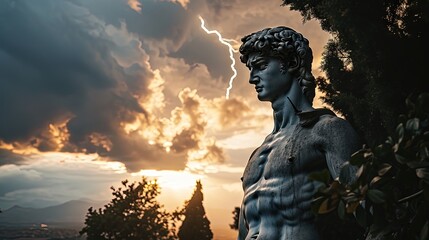 A beautiful stone stoic sculpture, statue of david portraying masculinity and stoicism. - obrazy, fototapety, plakaty