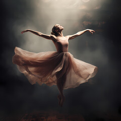 A ballet dancer in mid-air during a graceful leap. - obrazy, fototapety, plakaty