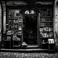 A black and white photo of an old bookstore.