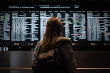 Junge Frau als digitale Normadin auf Reisen am Flughafen studiert die Flugzeiten. Terminal im Flughafen.