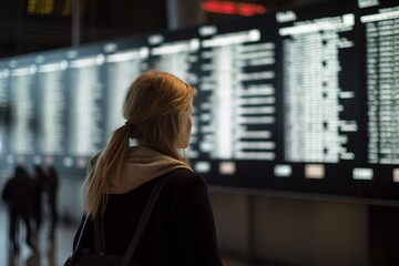 Junge Frau als digitale Normadin auf Reisen am Flughafen studiert die Flugzeiten. Terminal im Flughafen. - obrazy, fototapety, plakaty