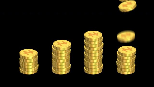 3D Animation of Gold coin with the Nigerian currency symbol "Naira" Falling from above become an increase pile of coin, transparent background embed.
