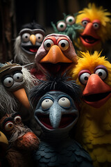 An image showcasing the diversity of puppet types, from hand puppets to rod puppets.