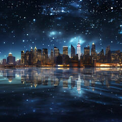 A city skyline at night with sparkling lights.