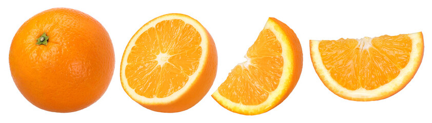 Orange fruit, half and slices isolated, Orange fruit macro studio photo, transparent PNG, collection, PNG format, collection