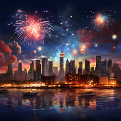 A city skyline with fireworks lighting up the night sky.