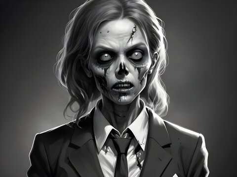 Black and white illustration of a zombie woman wearing a suit and tie. Generative AI