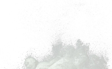 Explosion of snow falling down from sky or roof, heavy big small size snows. Freeze shot on black background isolated. Fluffy White snowflakes splash explode cloud up in mid air storm