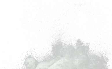 Explosion of snow falling down from sky or roof, heavy big small size snows. Freeze shot on black background isolated. Fluffy White snowflakes splash explode cloud up in mid air storm