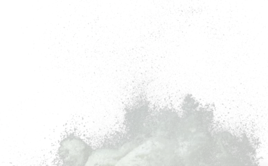 Foto op Aluminium Explosion of snow falling down from sky or roof, heavy big small size snows. Freeze shot on black background isolated. Fluffy White snowflakes splash explode cloud up in mid air storm © Jade