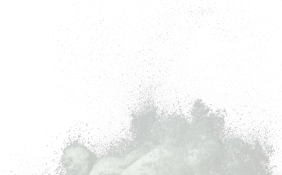 Explosion of snow falling down from sky or roof, heavy big small size snows. Freeze shot on black background isolated. Fluffy White snowflakes splash explode cloud up in mid air storm
