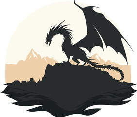 Black dragon vector illustration, sitting on a rock