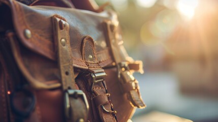 A close up of a brown leather bag with buckles on it, AI