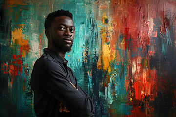 Obraz premium A strong and confident black man stands in front of a modern and vibrant abstract painting that embodies the rich heritage of African American during Black History Month,