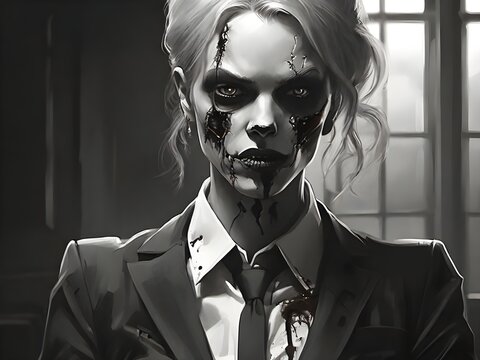 Black and white illustration of a zombie woman wearing a suit and tie. Generative AI