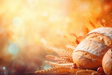 Fresh bread and wheat ears on a background of the sun. Food background. abstract background for February 16 - 25: Real Bread Week