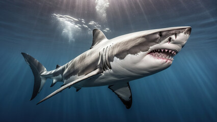 Fototapeta premium Great white shark in underwater of open ocean