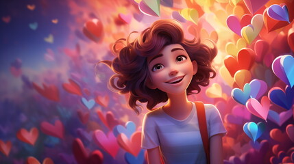 Cute cartoon girl feels being in love. Adoration, amorousness, affection, crush, happiness concept wallpaper.