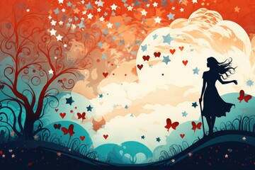 Background with girl and hearts, Abstract background for independence Day.