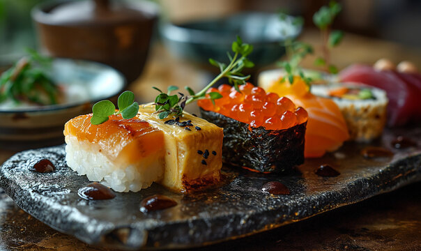Sushis variety served on a stone plate decorated with herbs