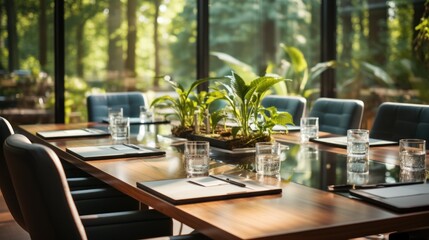 comfortable meeting room with green plants in the middle of the table