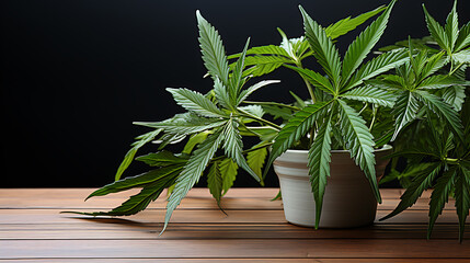 Organic hemp marijuana plants in a pot on wooden table