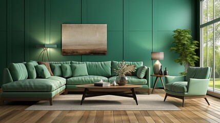 living room with wooden floors and emerald walls with elegant furniture