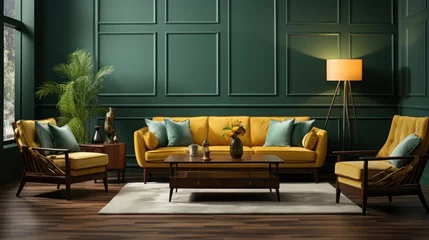 Poster living room with wooden floors and emerald walls with elegant furniture © Prasojo