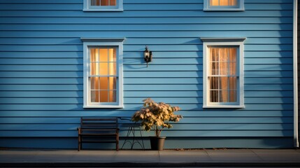 blue house wall background with closed windows - obrazy, fototapety, plakaty