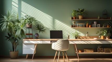 Modern minimal home office workplace background decorated with plants and minimalist furniture