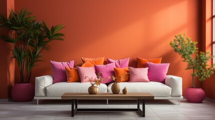 Comfortable sofa with orange pillows with plants beside the sofa, against an empty fuchsia wall
