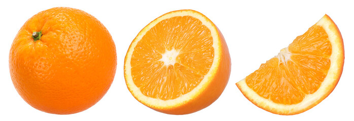 Orange fruit, half and slices isolated, Orange fruit macro studio photo, transparent PNG,...