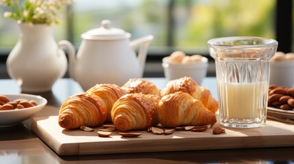 Croissants and coffee on the kitchen counter on the table
