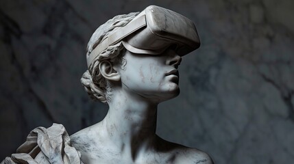 A stone stoic sculpture, statue of a person wearing a VR, virtual reality headset portraying the combination of technology and ancient art. - obrazy, fototapety, plakaty