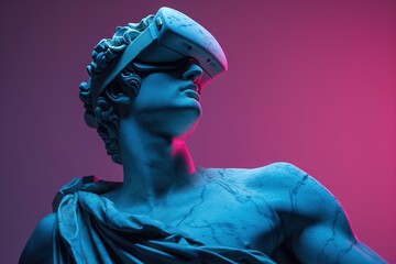 A stone stoic sculpture, statue of a person wearing a VR, virtual reality headset portraying the combination of technology and ancient art.