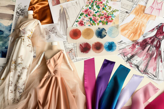 View from above of various fashion dresses sketches near fabric swatches and palette in workshop