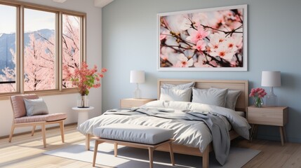 white bedroom with white and brown interior with brown furniture and floral decoration