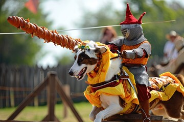 A dog dressed as a knight jousting on a horse made of hotdogs - obrazy, fototapety, plakaty