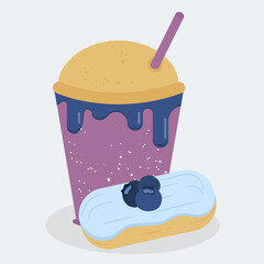 Flat Design Illustration with Takeaway Cup of Hot Drink and Blueberry Cream ,Eclair
